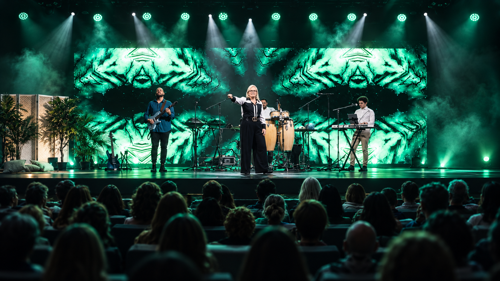 Banda sobre el escenario con pantallas verdes, focos y público en primer plano