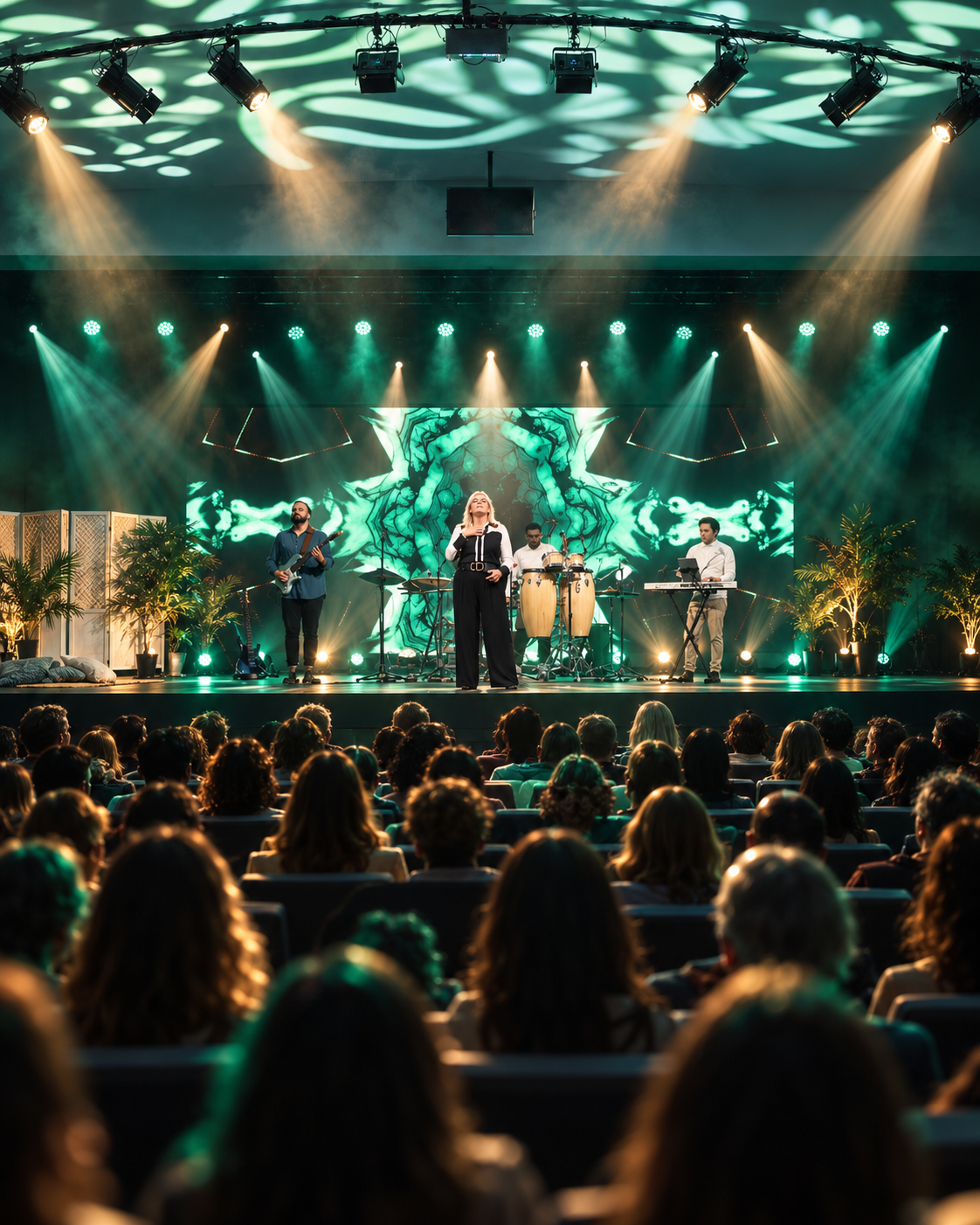 Catalina Hoffmann cantando en el escenario con la banda, pantallas verdes y el público en primer plano, fotografía oficial en vivo